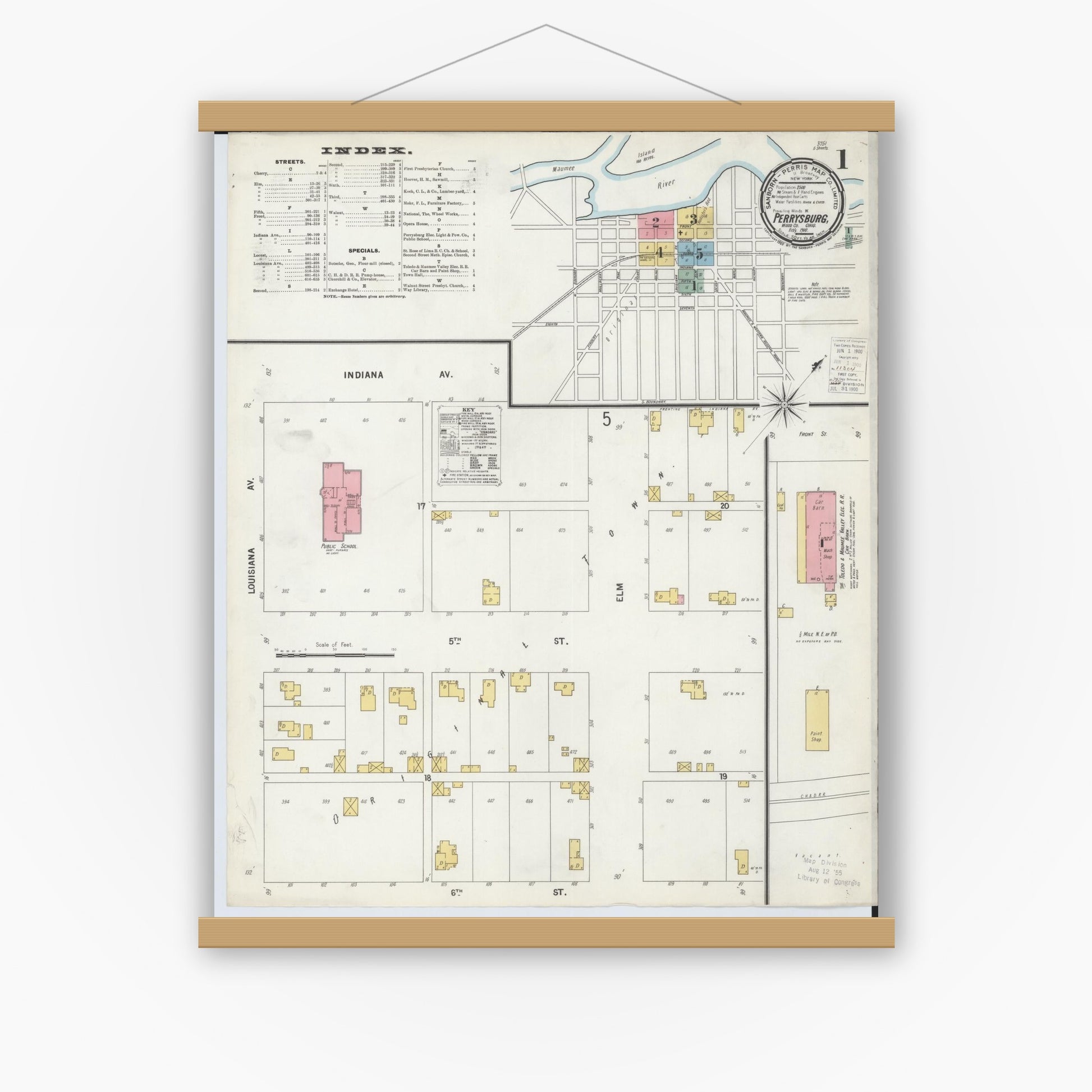 Old map wall art mockup — magnetic wood frame on white wall — Sanborn Fire Insurance Map from Perrysburg, Wood County, Ohio (1900) - Complete Map Set
