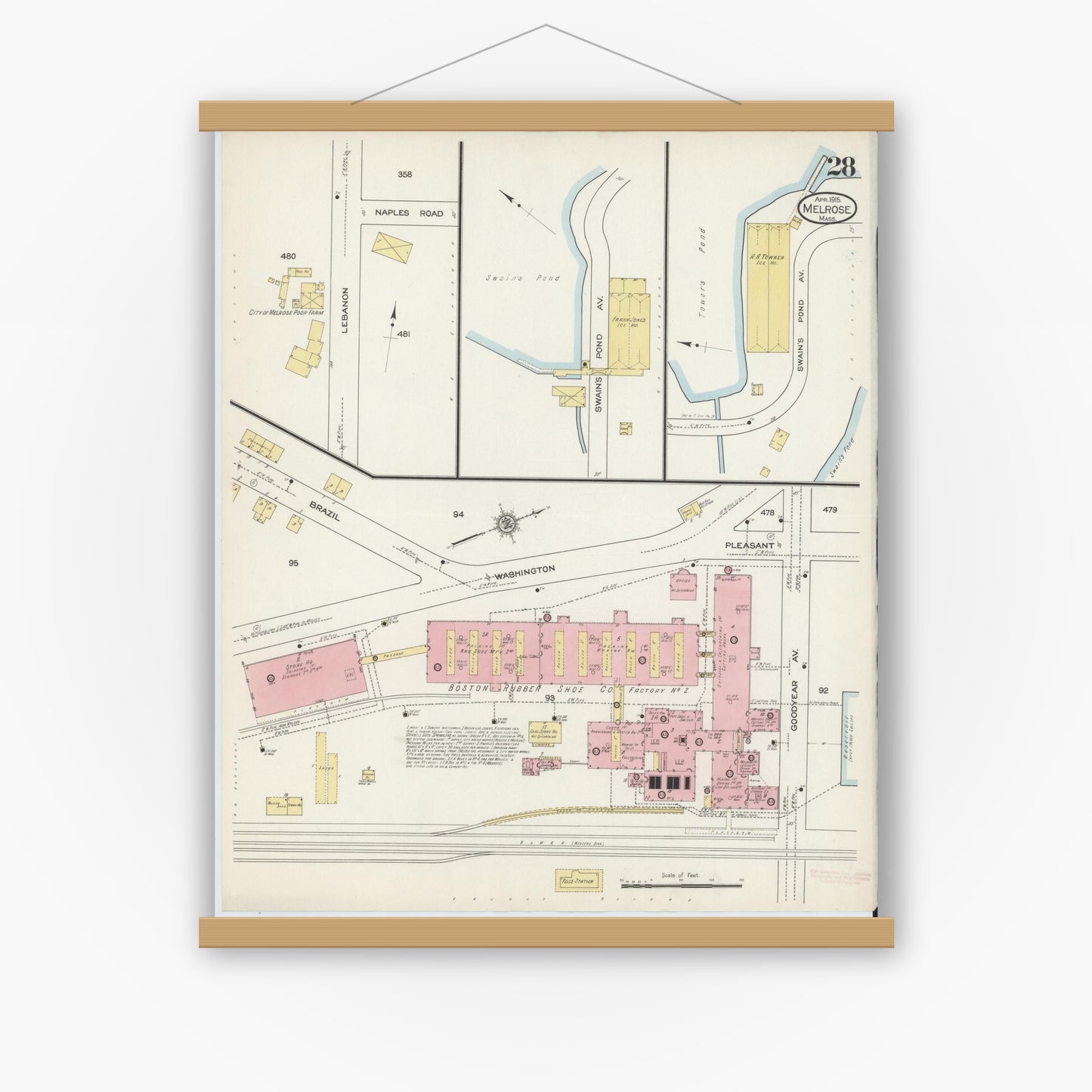 Old map wall art mockup — magnetic wood frame on white wall — Sanborn Fire Insurance Map from Melrose, Middlesex County, Massachusetts (1915), Sheet #0028