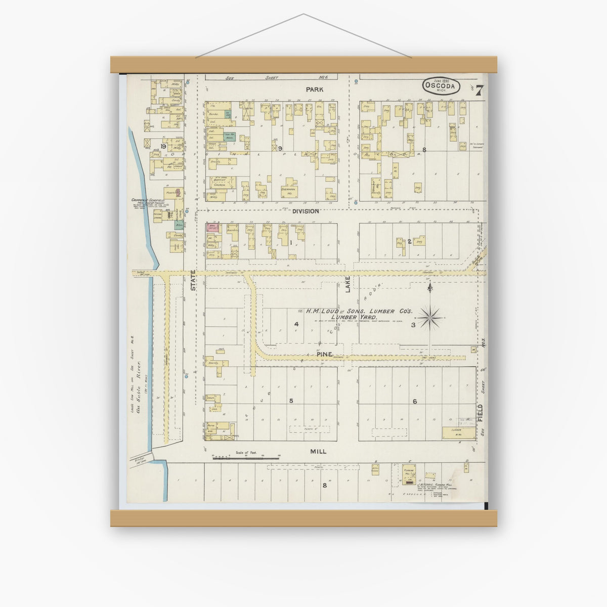 Old map wall art mockup — magnetic wood frame on white wall — Sanborn Fire Insurance Map from Oscoda, Iosco County, Michigan (1890), Sheet #0007