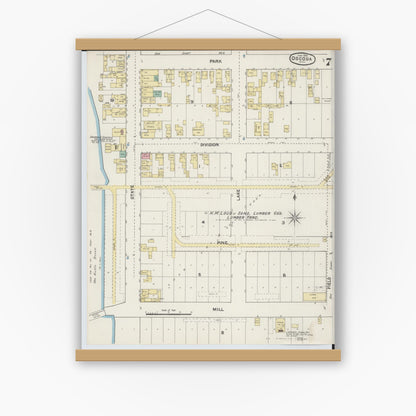 Old map wall art mockup — magnetic wood frame on white wall — Sanborn Fire Insurance Map from Oscoda, Iosco County, Michigan (1890), Sheet #0007