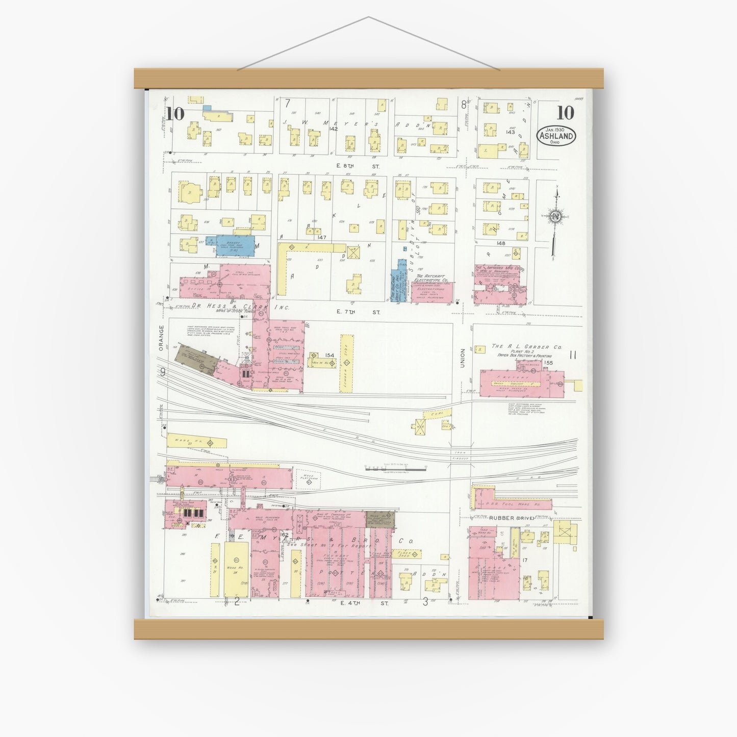 Old map wall art mockup — magnetic wood frame on white wall — Sanborn Fire Insurance Map from Ashland, Ashland County, Ohio (1930), Sheet #0010