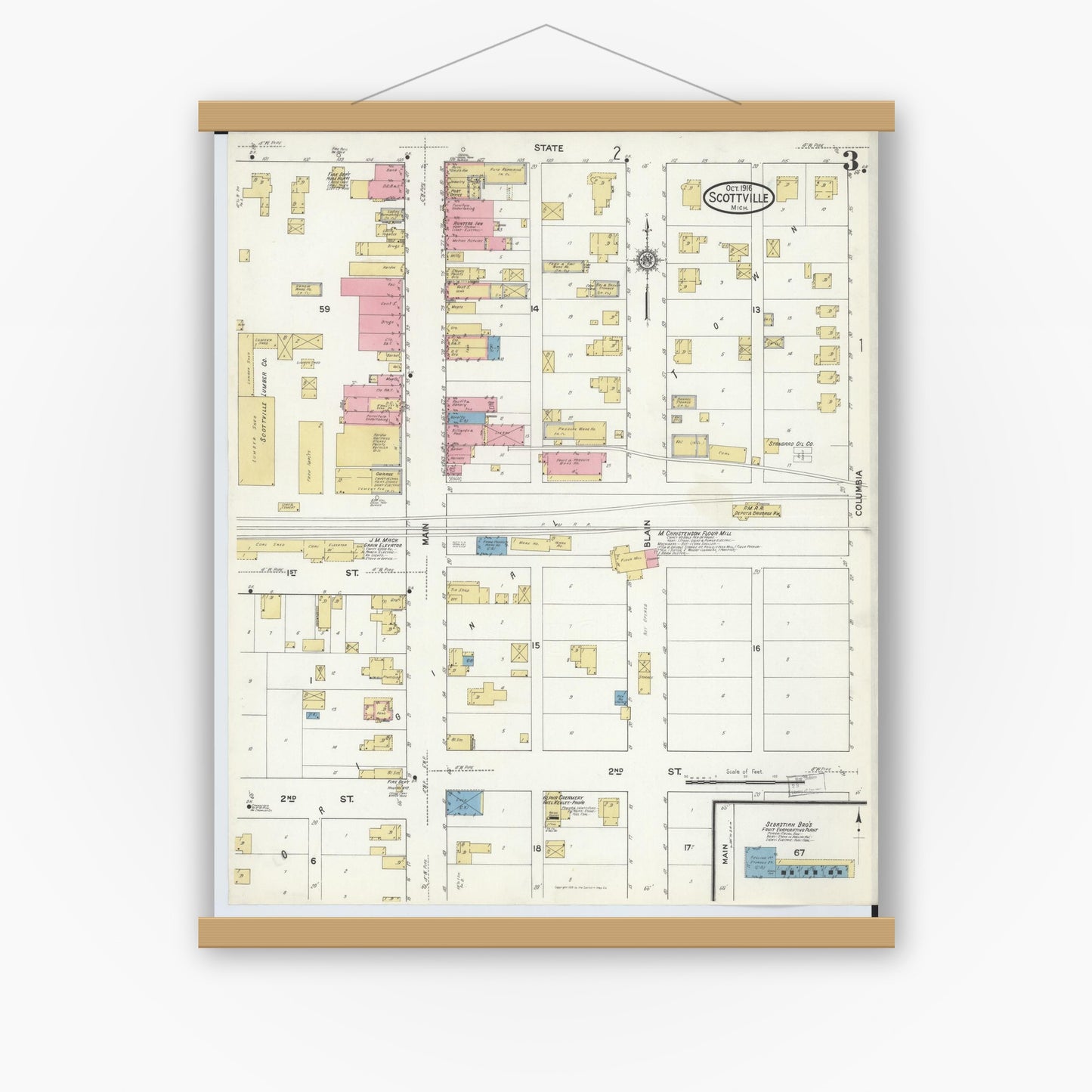 Old map wall art mockup — magnetic wood frame on white wall — Sanborn Fire Insurance Map from Scottville, Mason County, Michigan (1916), Sheet #0003