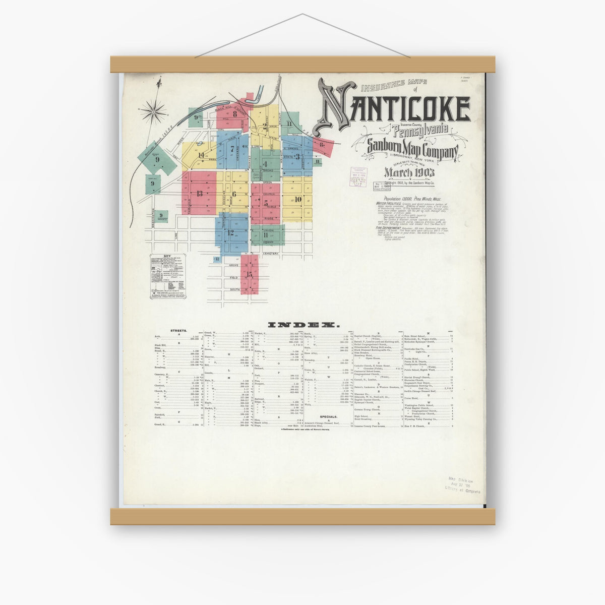 Old map wall art mockup — magnetic wood frame on white wall — Sanborn Fire Insurance Map from Nanticoke, Luzerne County, Pennsylvania (1903) - Complete Map Set