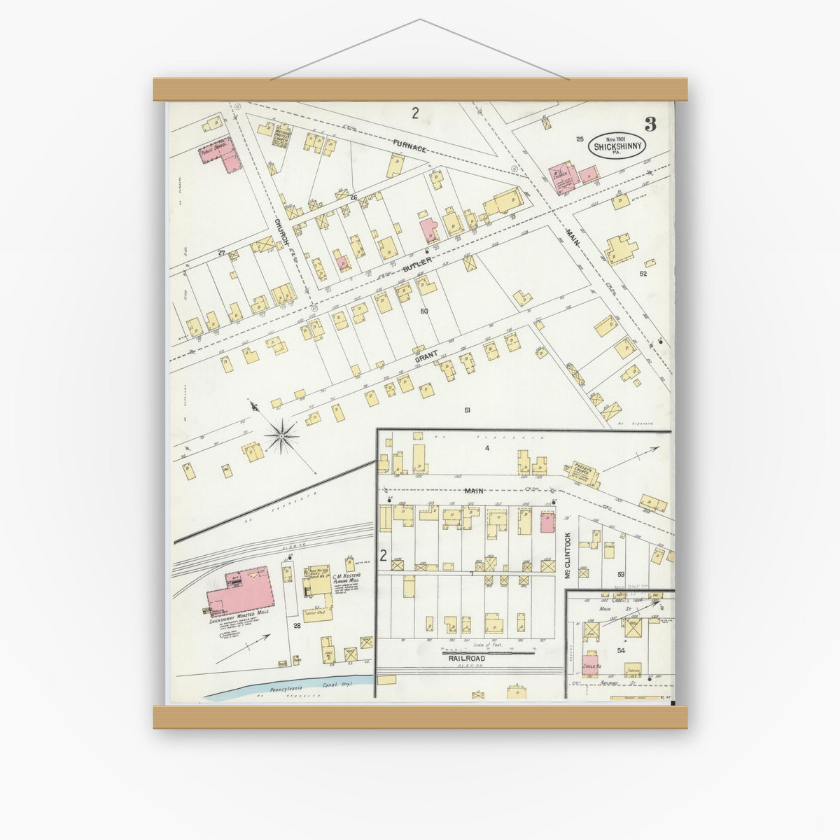 Old map wall art mockup — magnetic wood frame on white wall — Sanborn Fire Insurance Map from Shickshinny, Luzerne County, Pennsylvania (1901), Sheet #0003