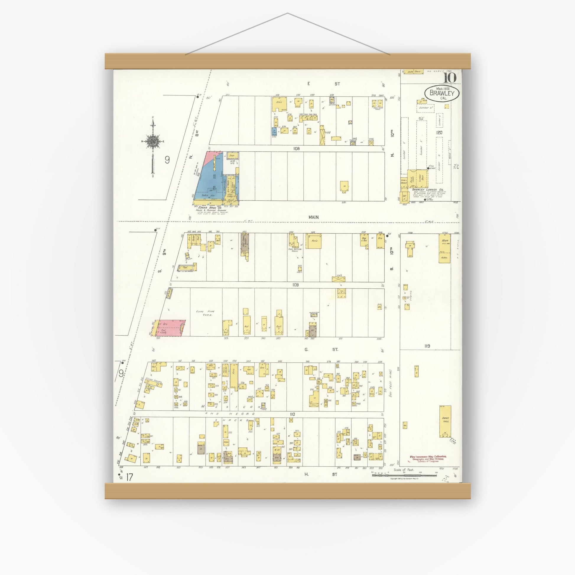 Old map wall art mockup — magnetic wood frame on white wall — Sanborn Fire Insurance Map from Brawley, Imperial County, California (1922), Sheet #0010