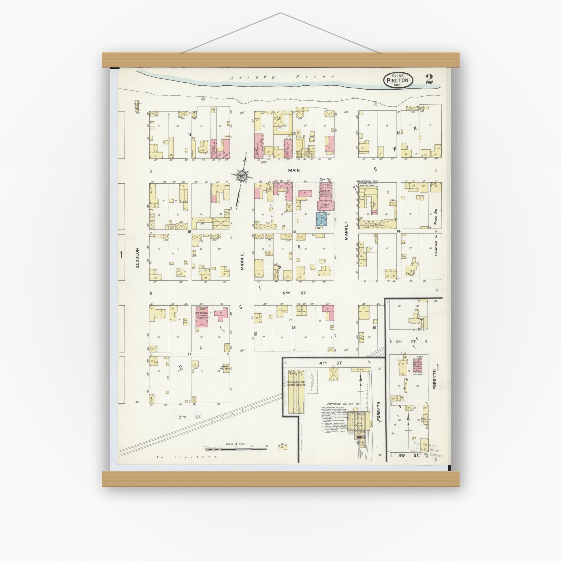 Old map wall art mockup — magnetic wood frame on white wall — Sanborn Fire Insurance Map from Piketon, Pike County, Ohio (1911), Sheet #0002