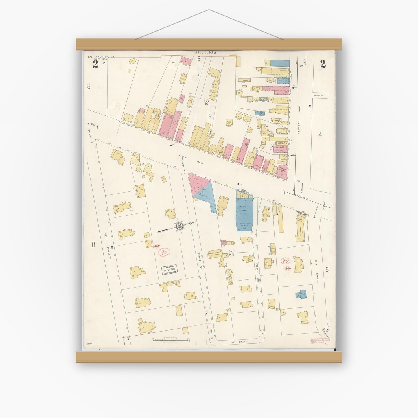 Old map wall art mockup — magnetic wood frame on white wall — Sanborn Fire Insurance Map from Easthampton, Suffolk County, New York (1943), Sheet #0002