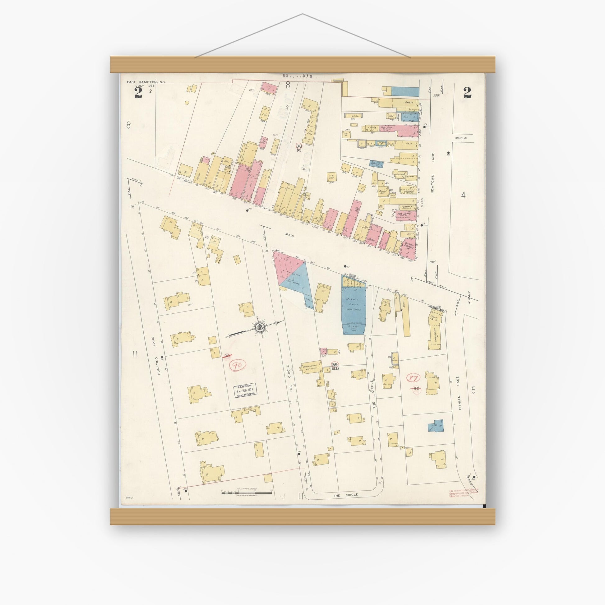 Old map wall art mockup — magnetic wood frame on white wall — Sanborn Fire Insurance Map from Easthampton, Suffolk County, New York (1943), Sheet #0002