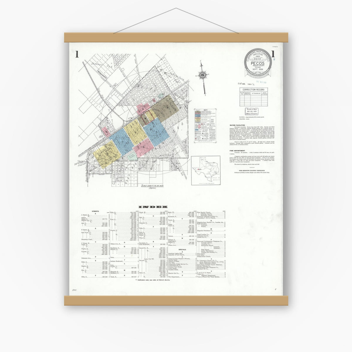 Old map wall art mockup — magnetic wood frame on white wall — Sanborn Fire Insurance Map from Pecos, Reeves County, Texas (1939) - Complete Map Set
