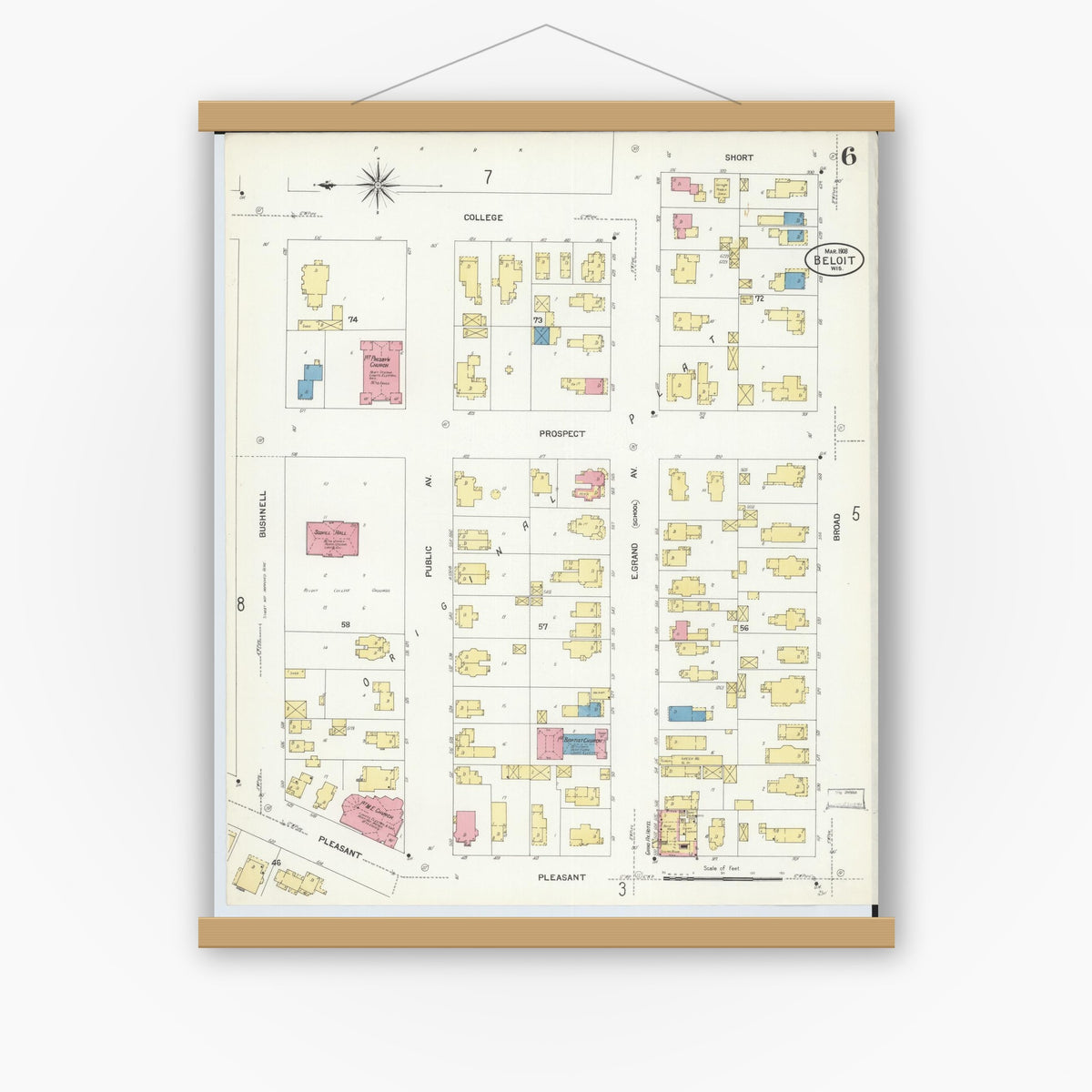 Old map wall art mockup — magnetic wood frame on white wall — Sanborn Fire Insurance Map from Beloit, Rock County, Wisconsin (1908), Sheet #0006