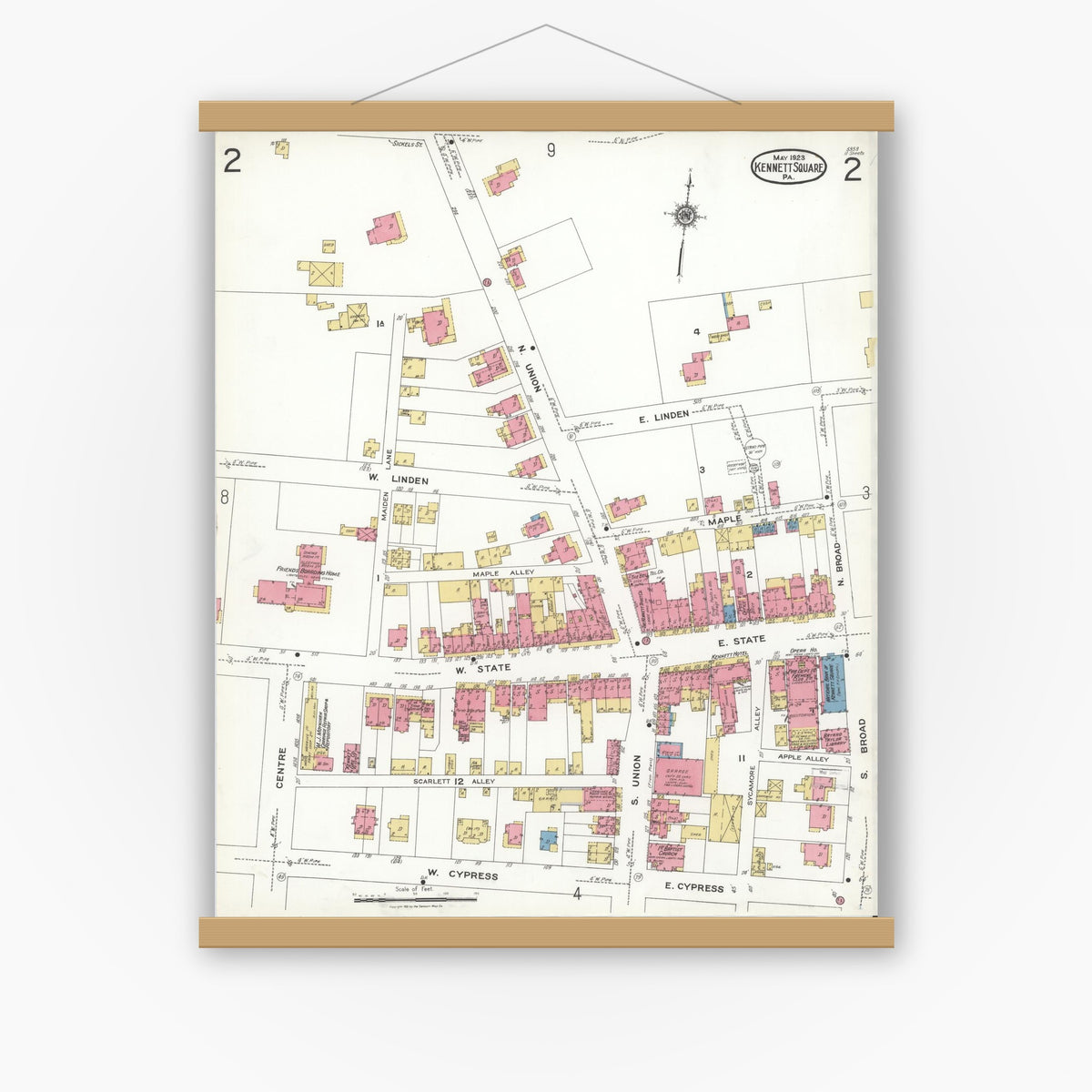 Old map wall art mockup — magnetic wood frame on white wall — Sanborn Fire Insurance Map from Kennett Square, Chester County, Pennsylvania (1923), Sheet #0002