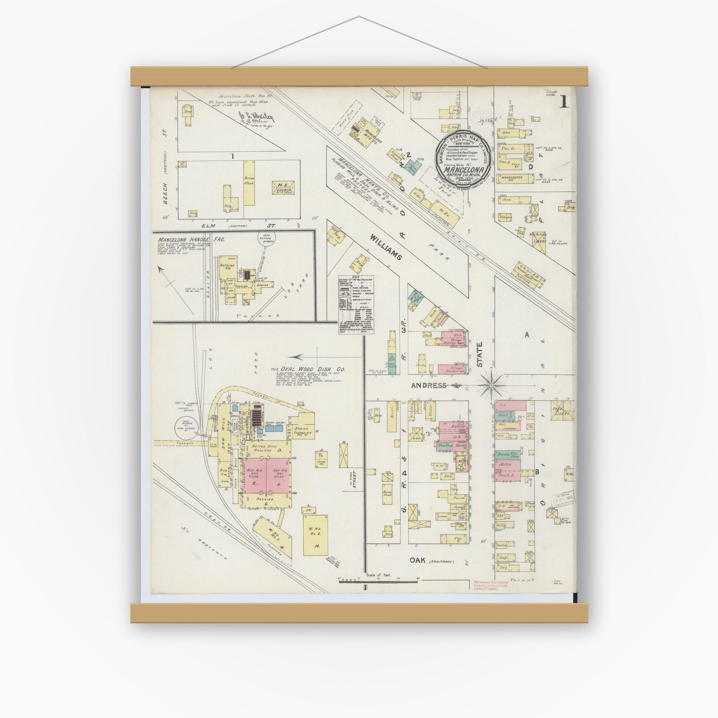Old map wall art mockup — magnetic wood frame on white wall — Sanborn Fire Insurance Map from Mancelona, Antrim County, Michigan (1890) - Complete Map Set