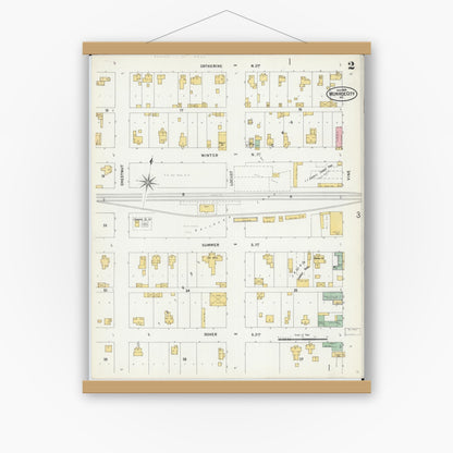 Old map wall art mockup — magnetic wood frame on white wall — Sanborn Fire Insurance Map from Monroe City, Monroe County, Missouri (1899), Sheet #0002