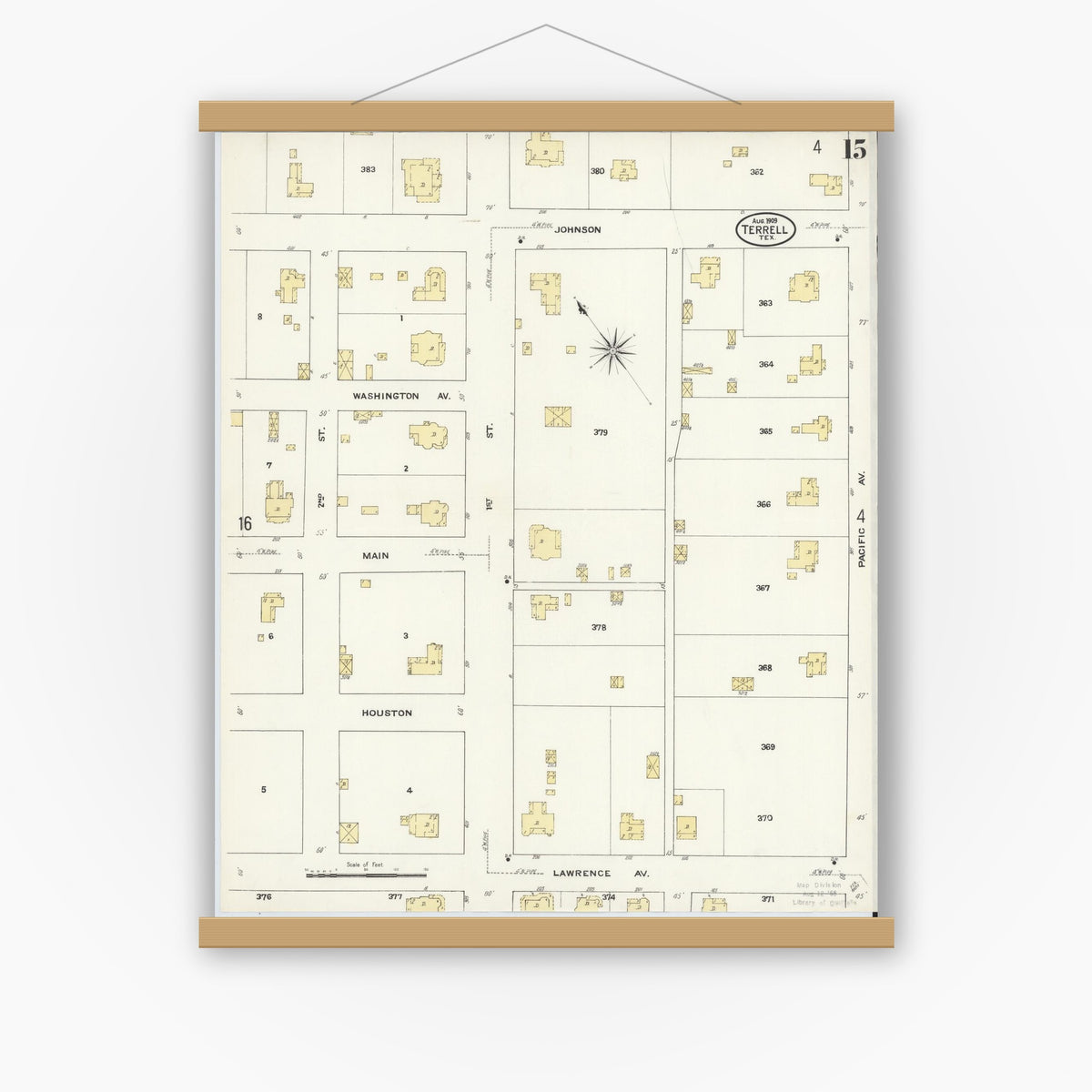 Old map wall art mockup — magnetic wood frame on white wall — Sanborn Fire Insurance Map from Terrell, Kaufman County, Texas (1909), Sheet #0015