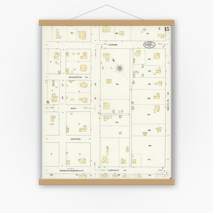 Old map wall art mockup — magnetic wood frame on white wall — Sanborn Fire Insurance Map from Terrell, Kaufman County, Texas (1909), Sheet #0015
