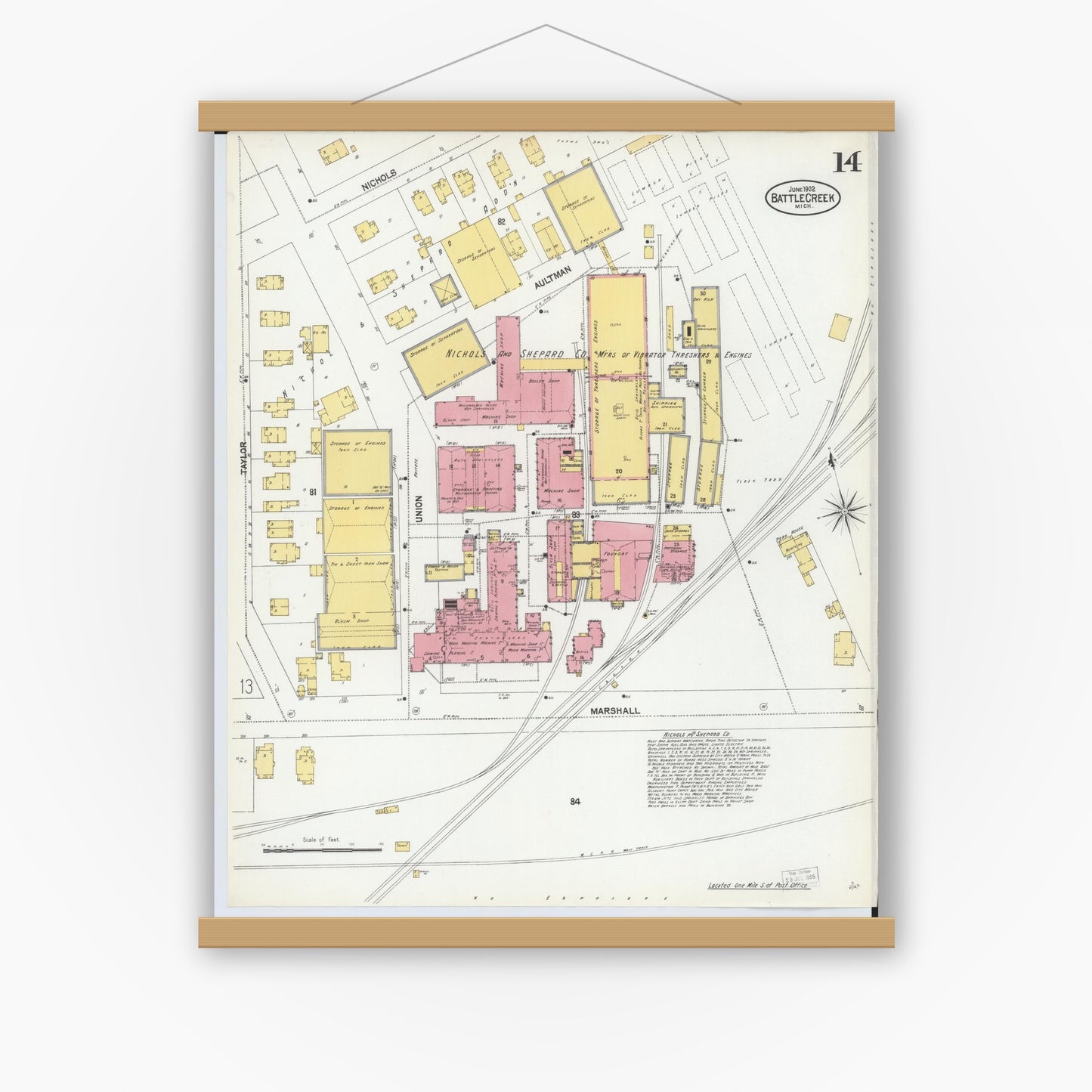 Old map wall art mockup — magnetic wood frame on white wall — Sanborn Fire Insurance Map from Battle Creek, Calhoun County, Michigan (1902), Sheet #0014