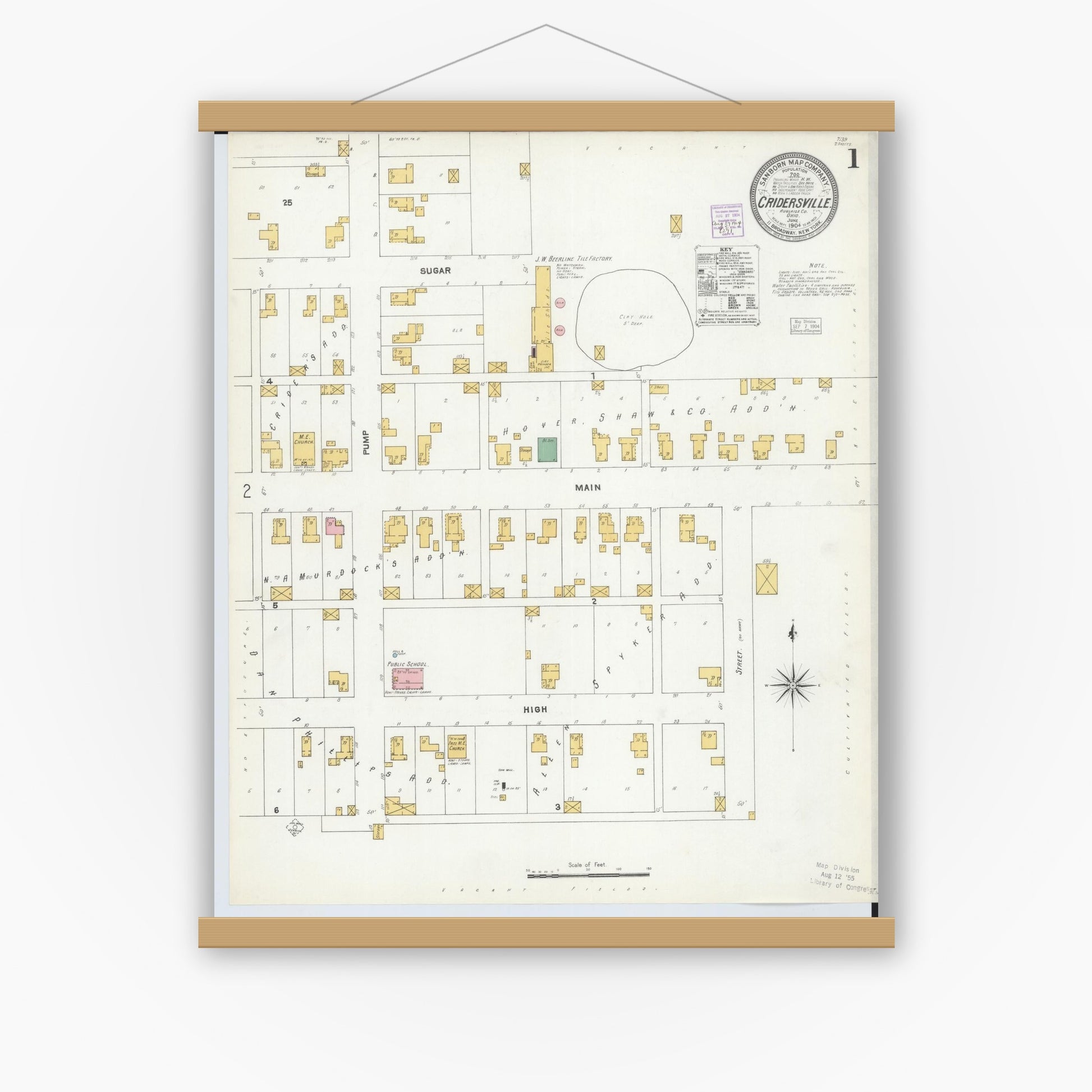 Old map wall art mockup — magnetic wood frame on white wall — Sanborn Fire Insurance Map from Cridersville, Auglaize County, Ohio (1904), Sheet #0001
