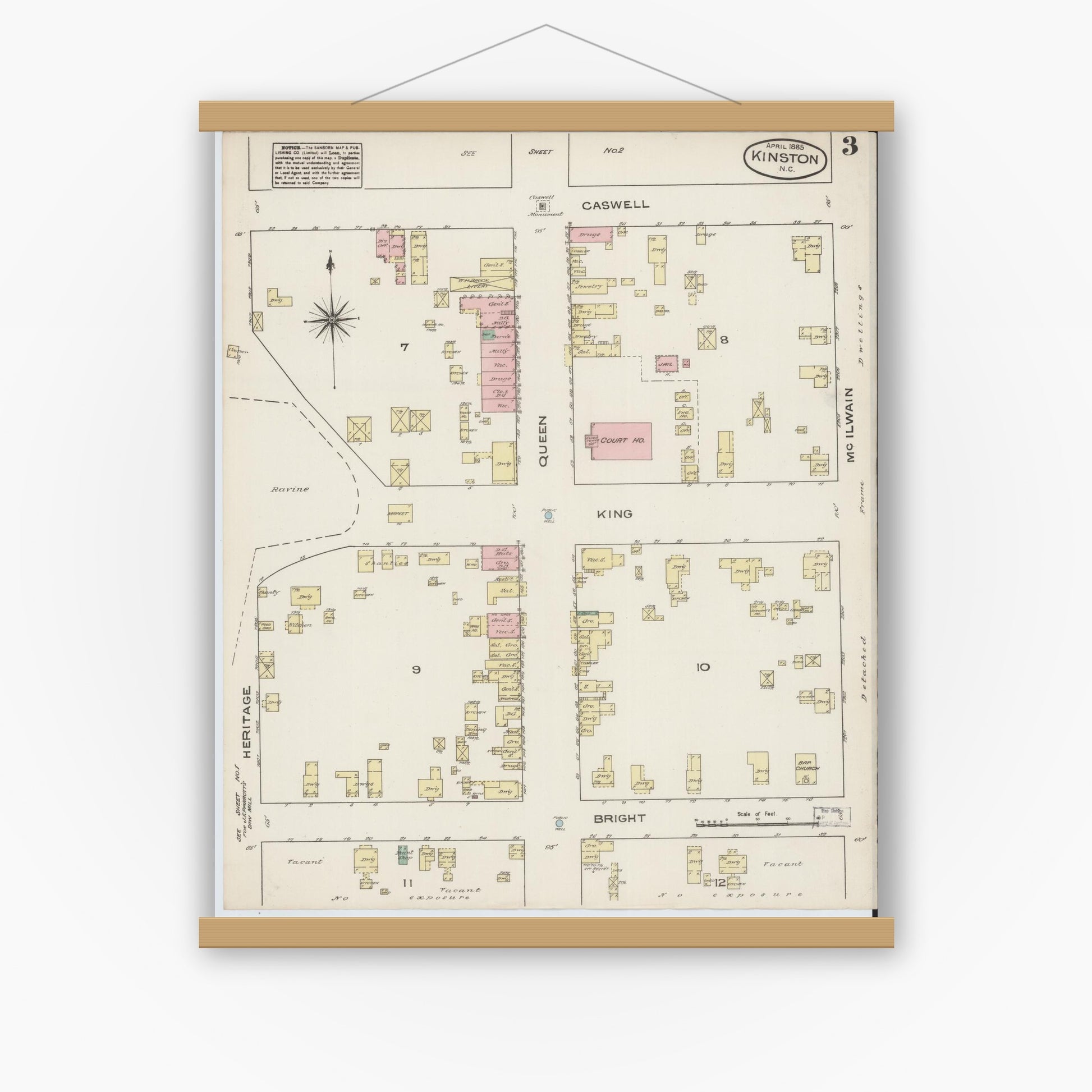 Old map wall art mockup — magnetic wood frame on white wall — Sanborn Fire Insurance Map from Kinston, Lenoir County, North Carolina (1885), Sheet #0003