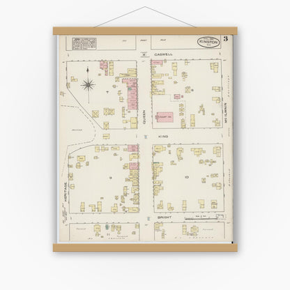 Old map wall art mockup — magnetic wood frame on white wall — Sanborn Fire Insurance Map from Kinston, Lenoir County, North Carolina (1885), Sheet #0003