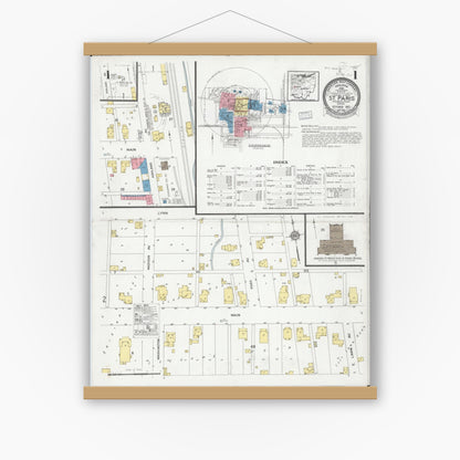 Old map wall art mockup — magnetic wood frame on white wall — Sanborn Fire Insurance Map from Saint Paris, Champaign County, Ohio (1927), Sheet #0001