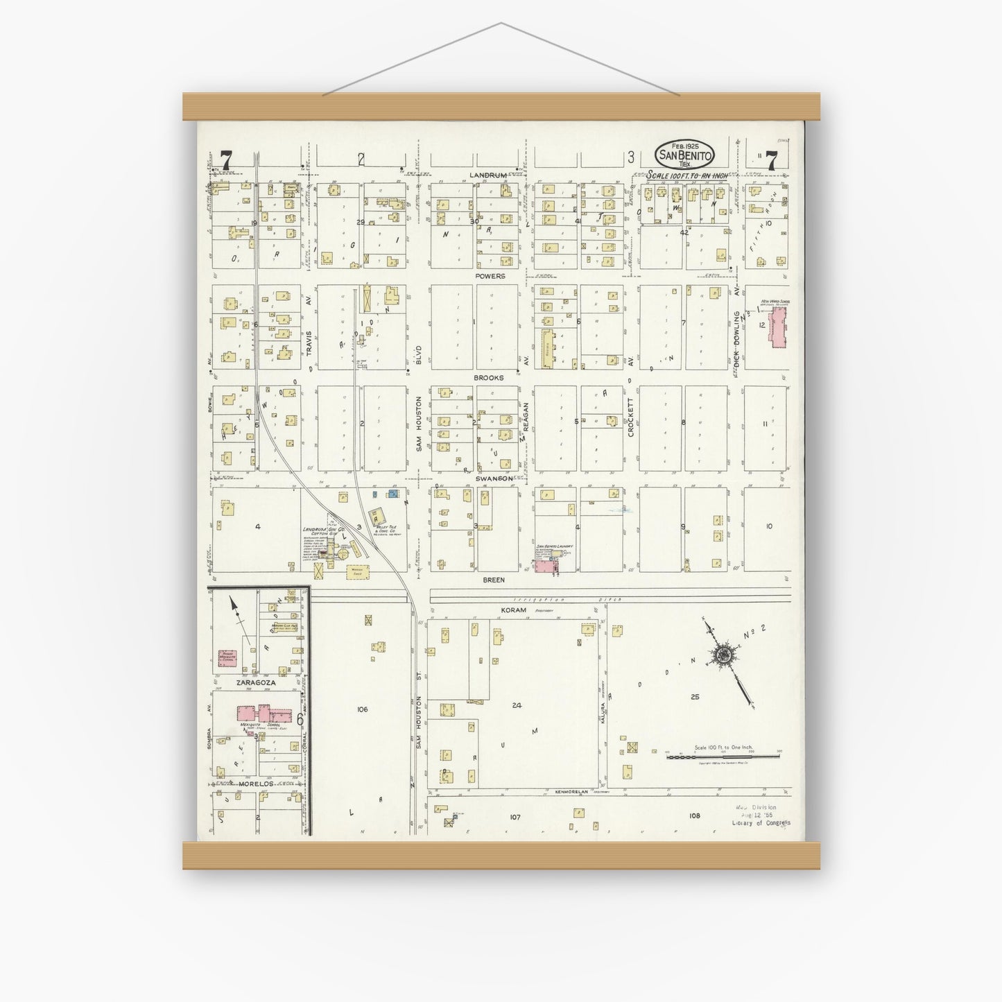 Old map wall art mockup — magnetic wood frame on white wall — Sanborn Fire Insurance Map from San Benito, Cameron County, Texas (1925), Sheet #0007