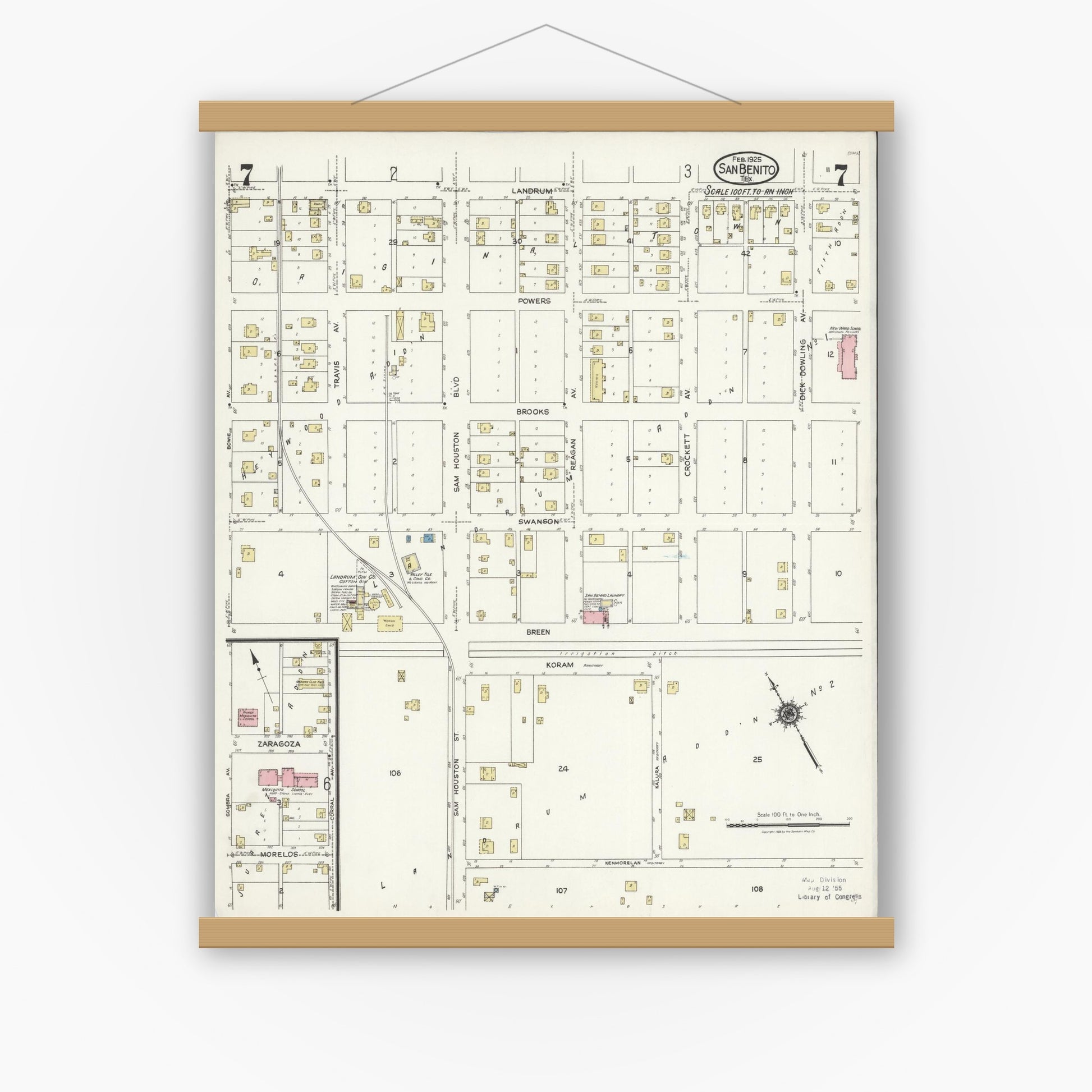 Old map wall art mockup — magnetic wood frame on white wall — Sanborn Fire Insurance Map from San Benito, Cameron County, Texas (1925), Sheet #0007