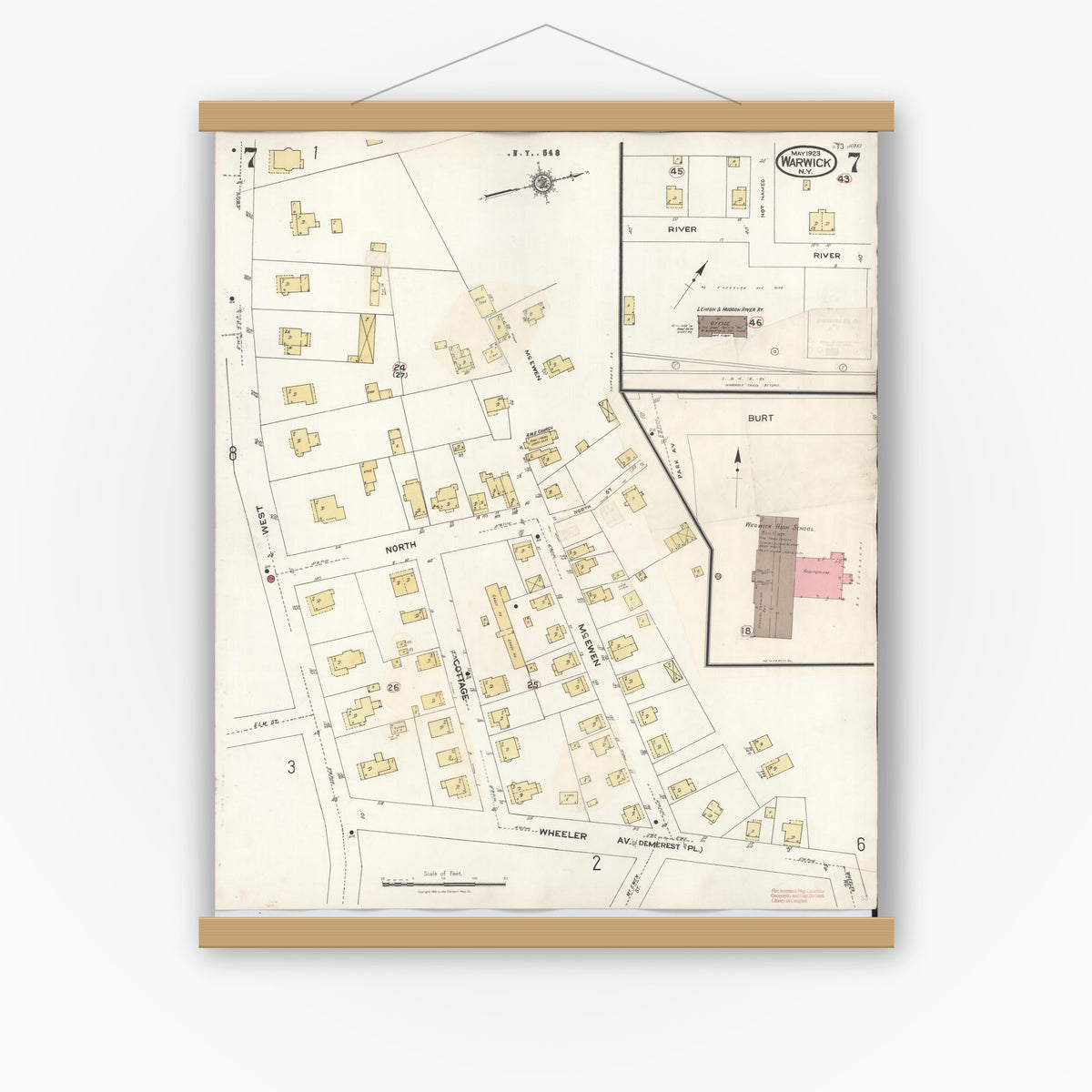 Old map wall art mockup — magnetic wood frame on white wall — Sanborn Fire Insurance Map from Warwick, Orange County, New York (1940), Sheet #0007