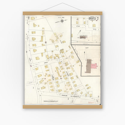 Old map wall art mockup — magnetic wood frame on white wall — Sanborn Fire Insurance Map from Warwick, Orange County, New York (1940), Sheet #0007