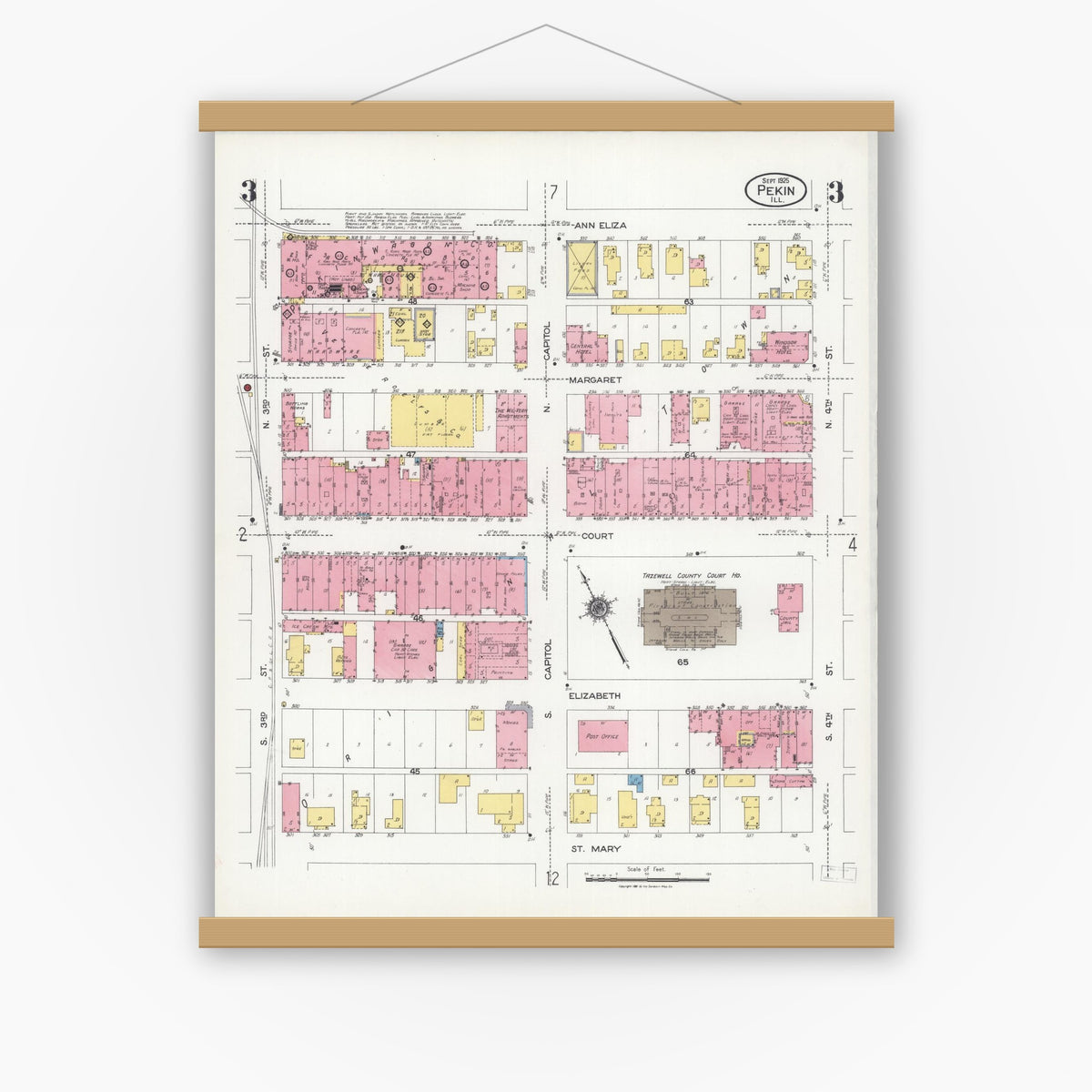 Old map wall art mockup — magnetic wood frame on white wall — Sanborn Fire Insurance Map from Pekin, Tazewell County, Illinois (1925), Sheet #0003