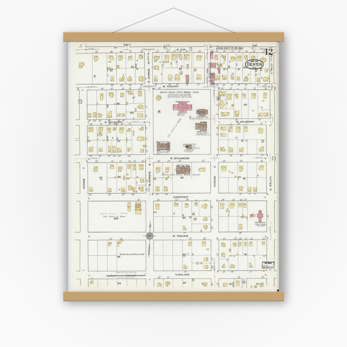 Old map wall art mockup — magnetic wood frame on white wall — Sanborn Fire Insurance Map from Denton, Denton County, Texas (1921), Sheet #0012