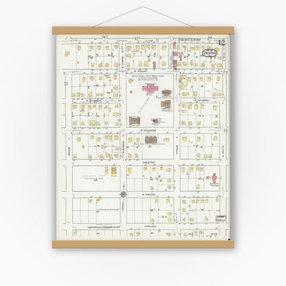 Old map wall art mockup — magnetic wood frame on white wall — Sanborn Fire Insurance Map from Denton, Denton County, Texas (1921), Sheet #0012