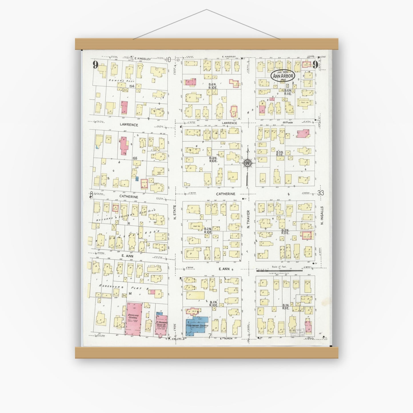 Old map wall art mockup — magnetic wood frame on white wall — Sanborn Fire Insurance Map from Ann Arbor, Washtenaw County, Michigan (1925), Sheet #0009