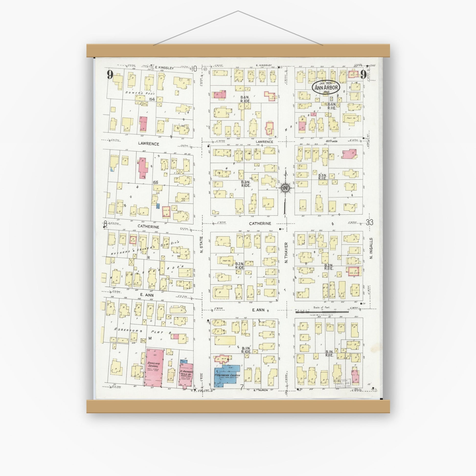 Old map wall art mockup — magnetic wood frame on white wall — Sanborn Fire Insurance Map from Ann Arbor, Washtenaw County, Michigan (1925), Sheet #0009