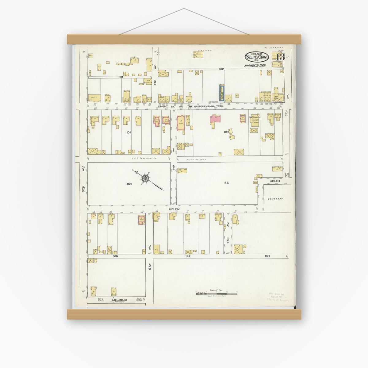 Old map wall art mockup — magnetic wood frame on white wall — Sanborn Fire Insurance Map from Selins Grove, Snyder County, Pennsylvania (1921), Sheet #0013