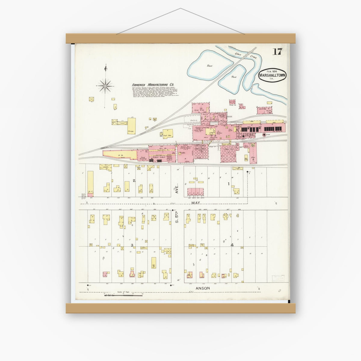 Old map wall art mockup — magnetic wood frame on white wall — Sanborn Fire Insurance Map from Marshalltown, Marshall County, Iowa (1894), Sheet #0017