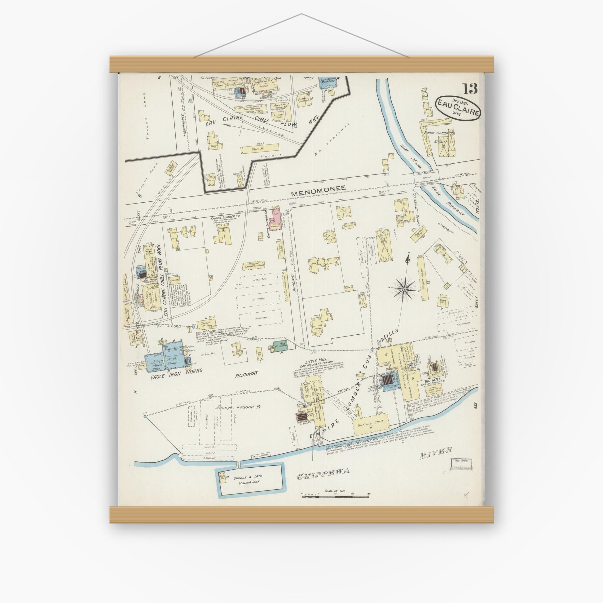 Old map wall art mockup — magnetic wood frame on white wall — Sanborn Fire Insurance Map from Eau Claire, Eau Claire County, Wisconsin (1885), Sheet #0013