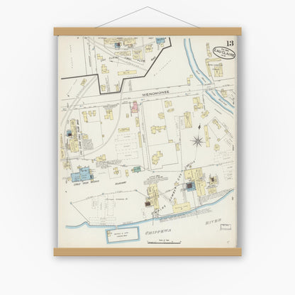 Old map wall art mockup — magnetic wood frame on white wall — Sanborn Fire Insurance Map from Eau Claire, Eau Claire County, Wisconsin (1885), Sheet #0013