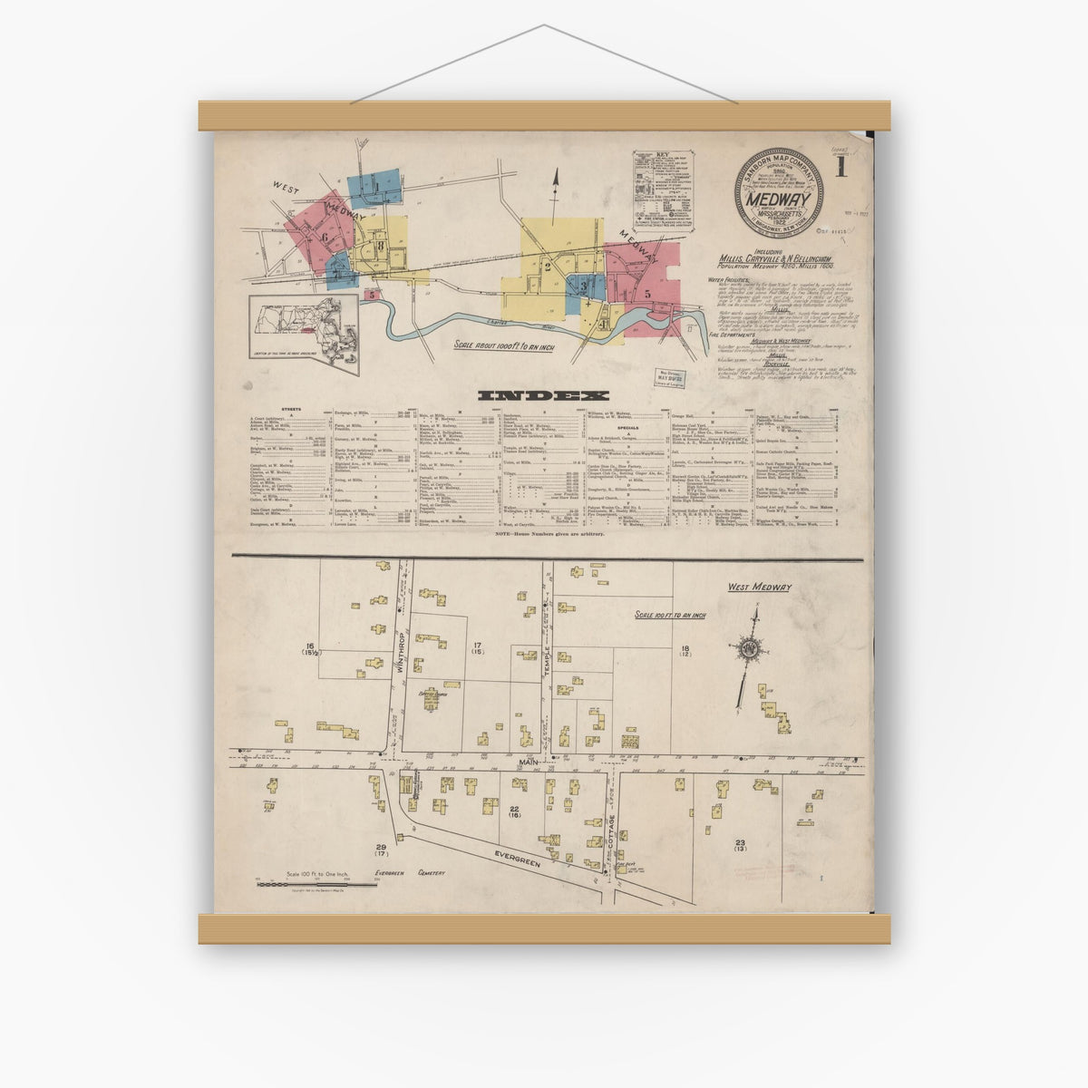 Old map wall art mockup — magnetic wood frame on white wall — Sanborn Fire Insurance Map from Medway, Norfolk County, Massachusetts (1922) - Complete Map Set