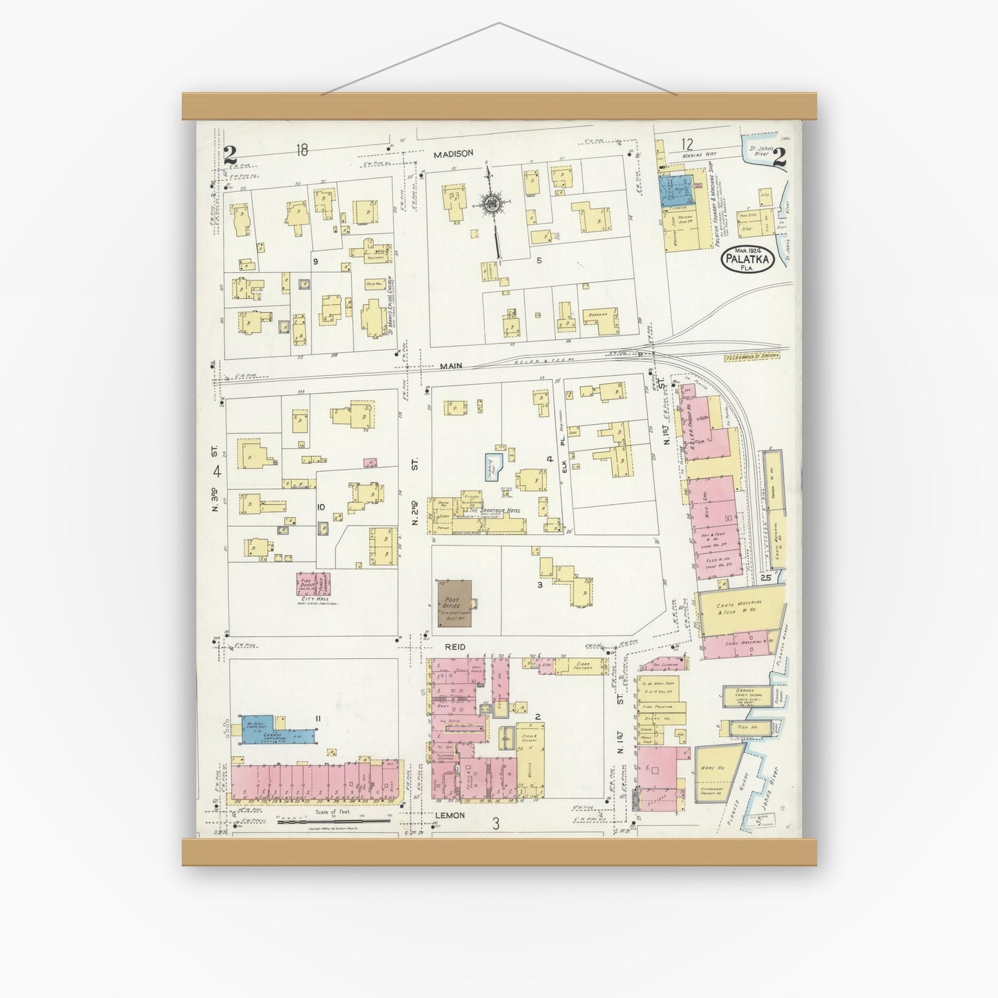 Old map wall art mockup — magnetic wood frame on white wall — Sanborn Fire Insurance Map from Palatka, Putnam County, Florida (1924), Sheet #0002