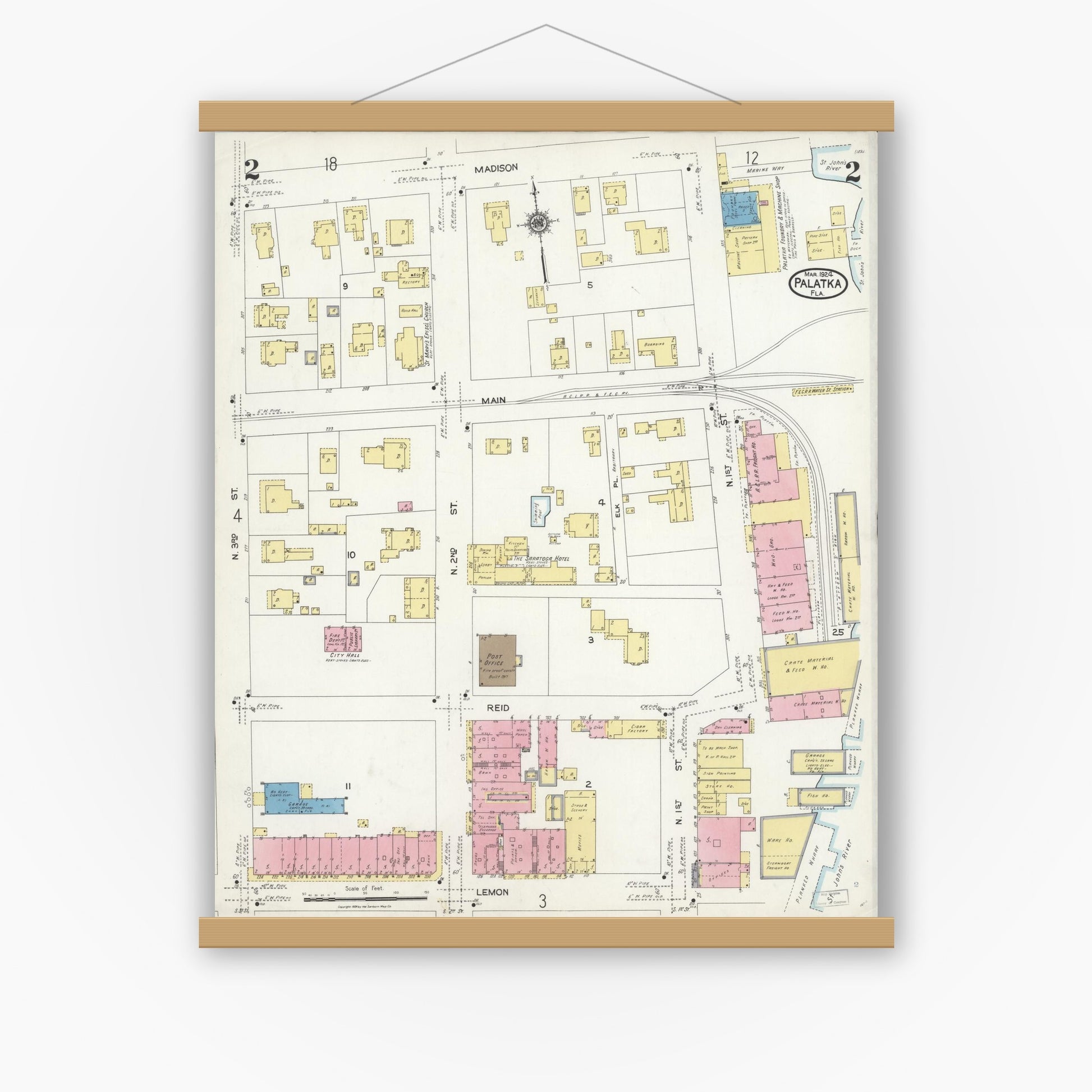 Old map wall art mockup — magnetic wood frame on white wall — Sanborn Fire Insurance Map from Palatka, Putnam County, Florida (1924), Sheet #0002