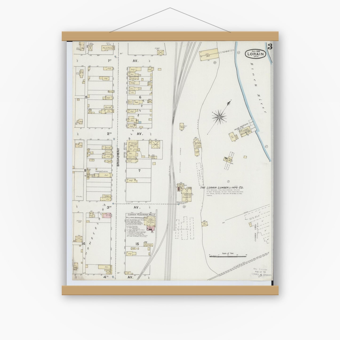 Old map wall art mockup — magnetic wood frame on white wall — Sanborn Fire Insurance Map from Lorain, Lorain County, Ohio (1888), Sheet #0003