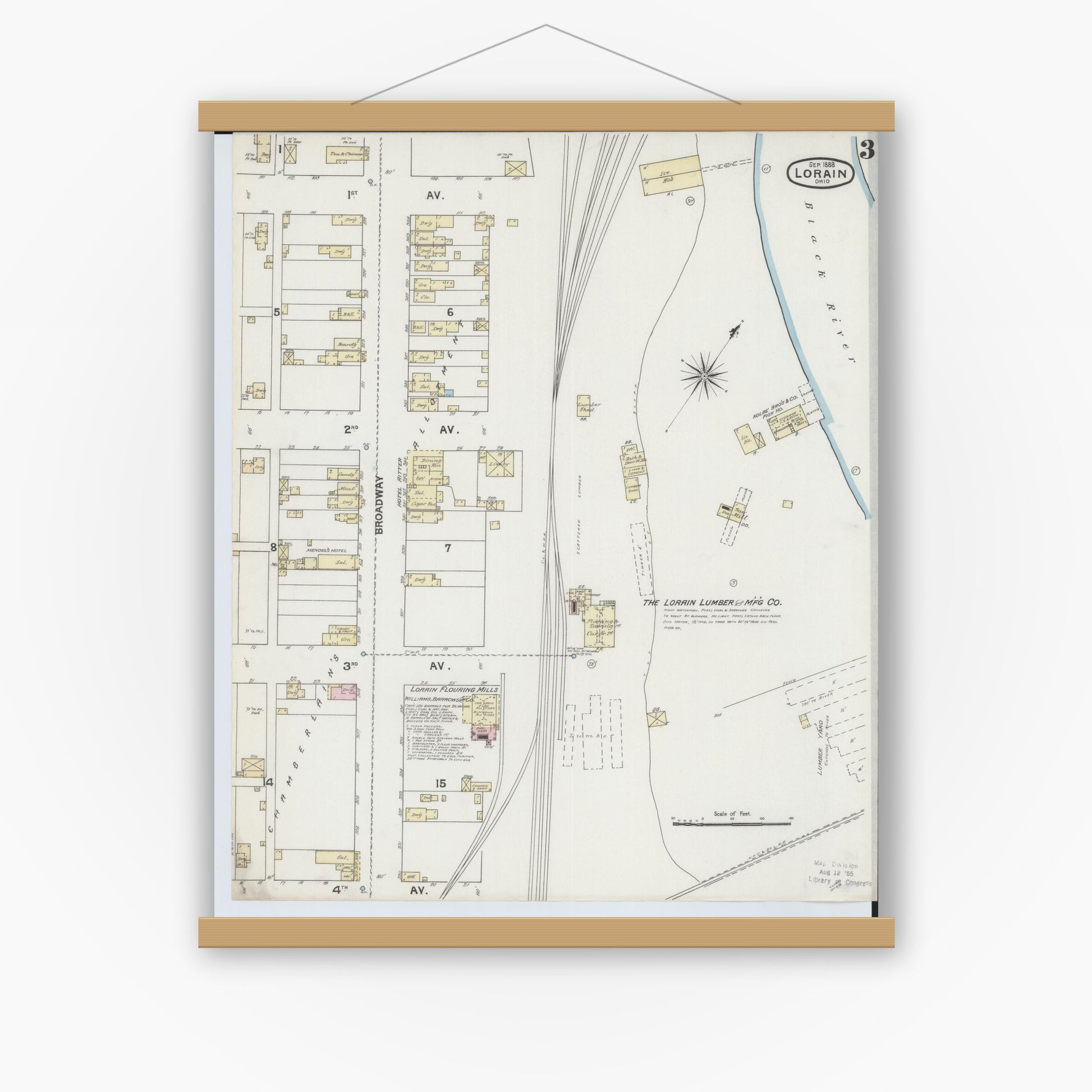 Old map wall art mockup — magnetic wood frame on white wall — Sanborn Fire Insurance Map from Lorain, Lorain County, Ohio (1888), Sheet #0003