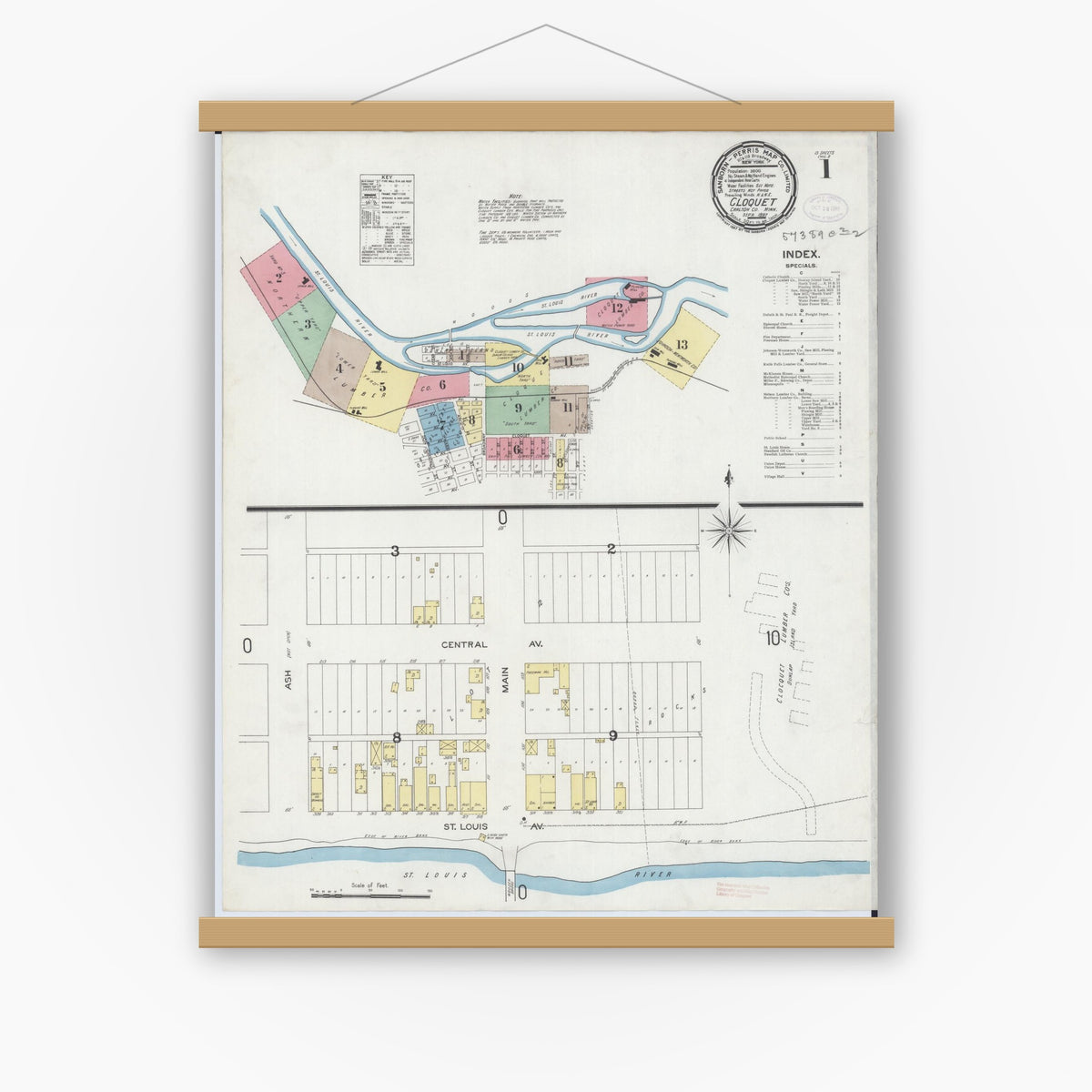 Old map wall art mockup — magnetic wood frame on white wall — Sanborn Fire Insurance Map from Cloquet, Carlton County, Minnesota (1897) - Complete Map Set