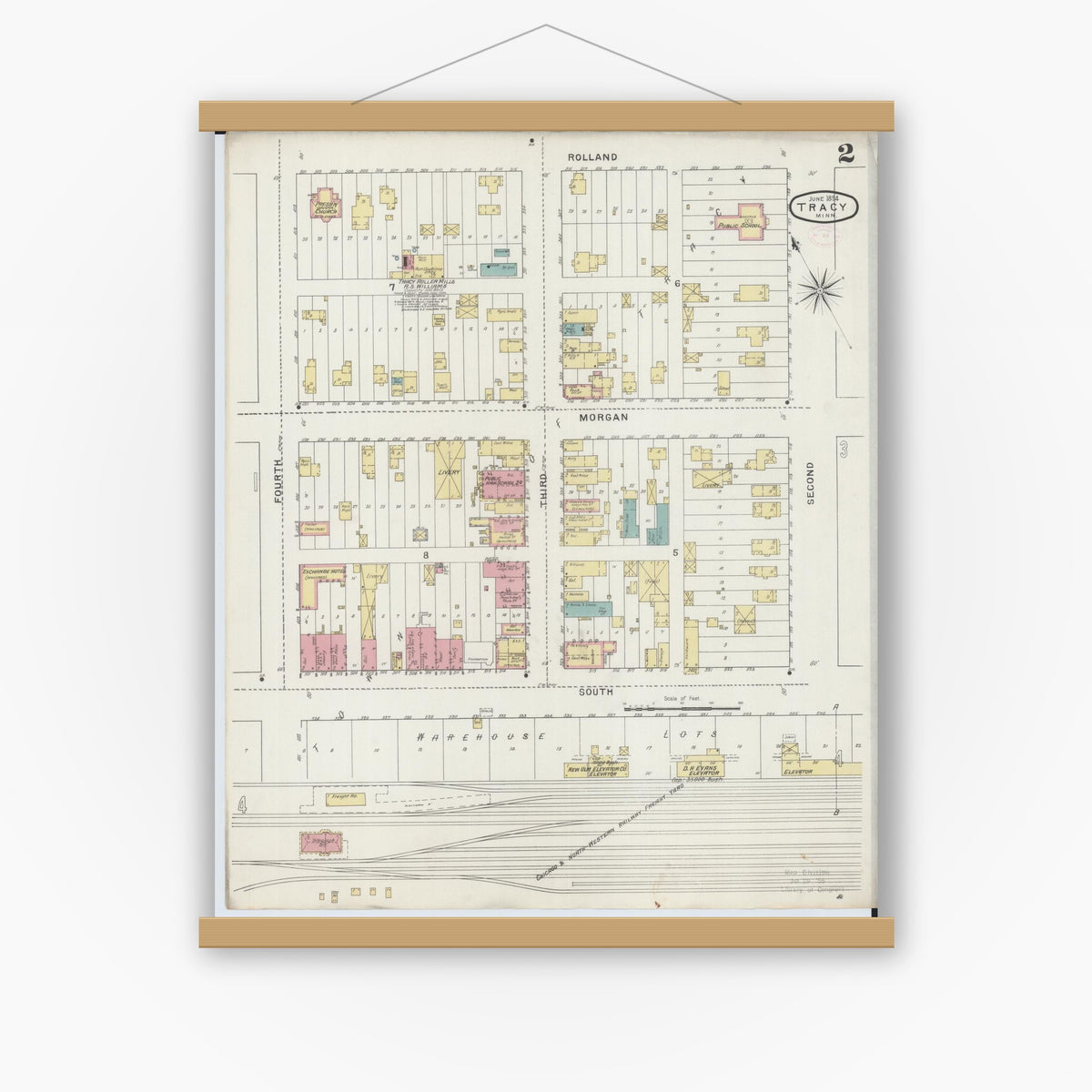 Old map wall art mockup — magnetic wood frame on white wall — Sanborn Fire Insurance Map from Tracy, Lyon County, Minnesota (1894), Sheet #0002