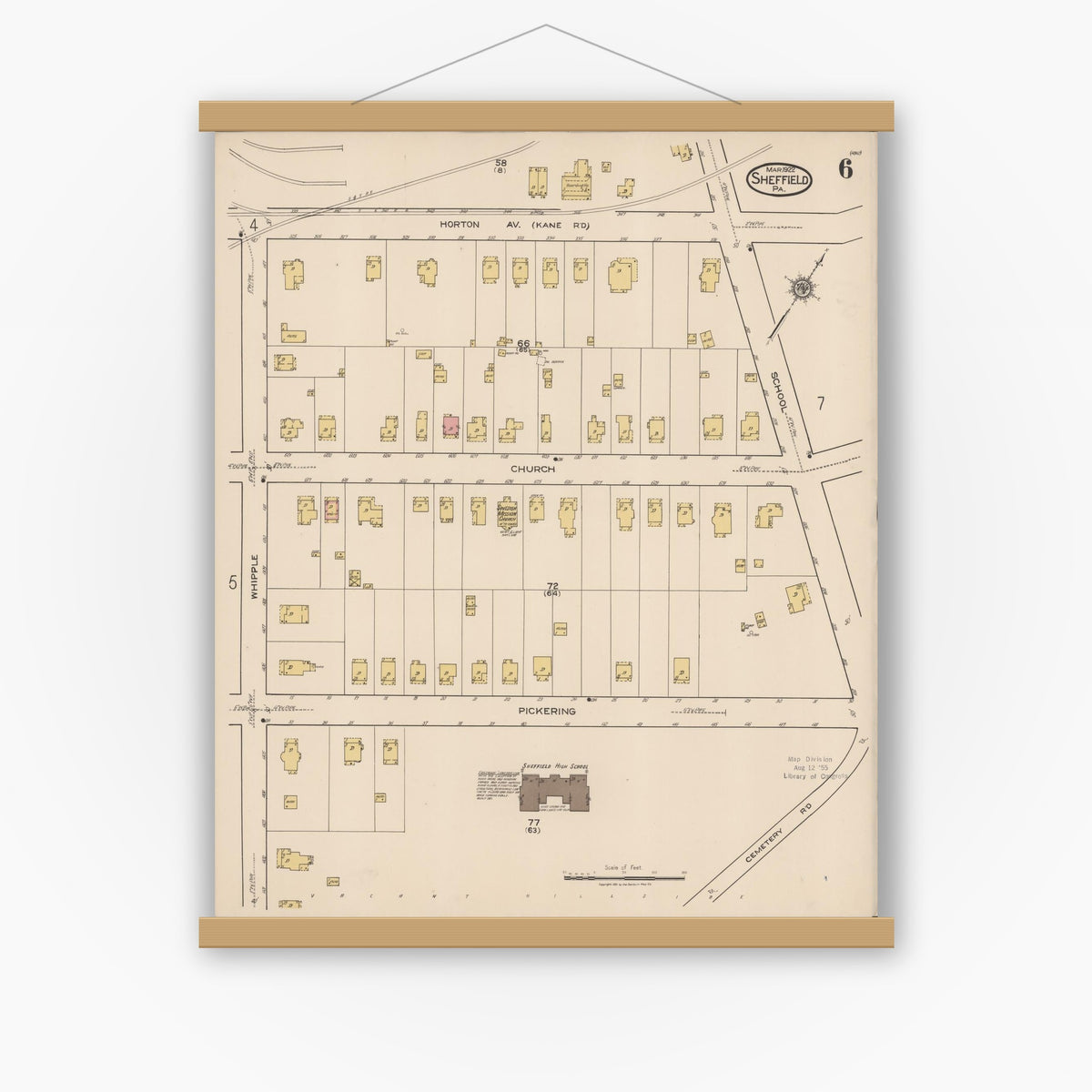 Old map wall art mockup — magnetic wood frame on white wall — Sanborn Fire Insurance Map from Sheffield, Warren County, Pennsylvania (1922), Sheet #0006