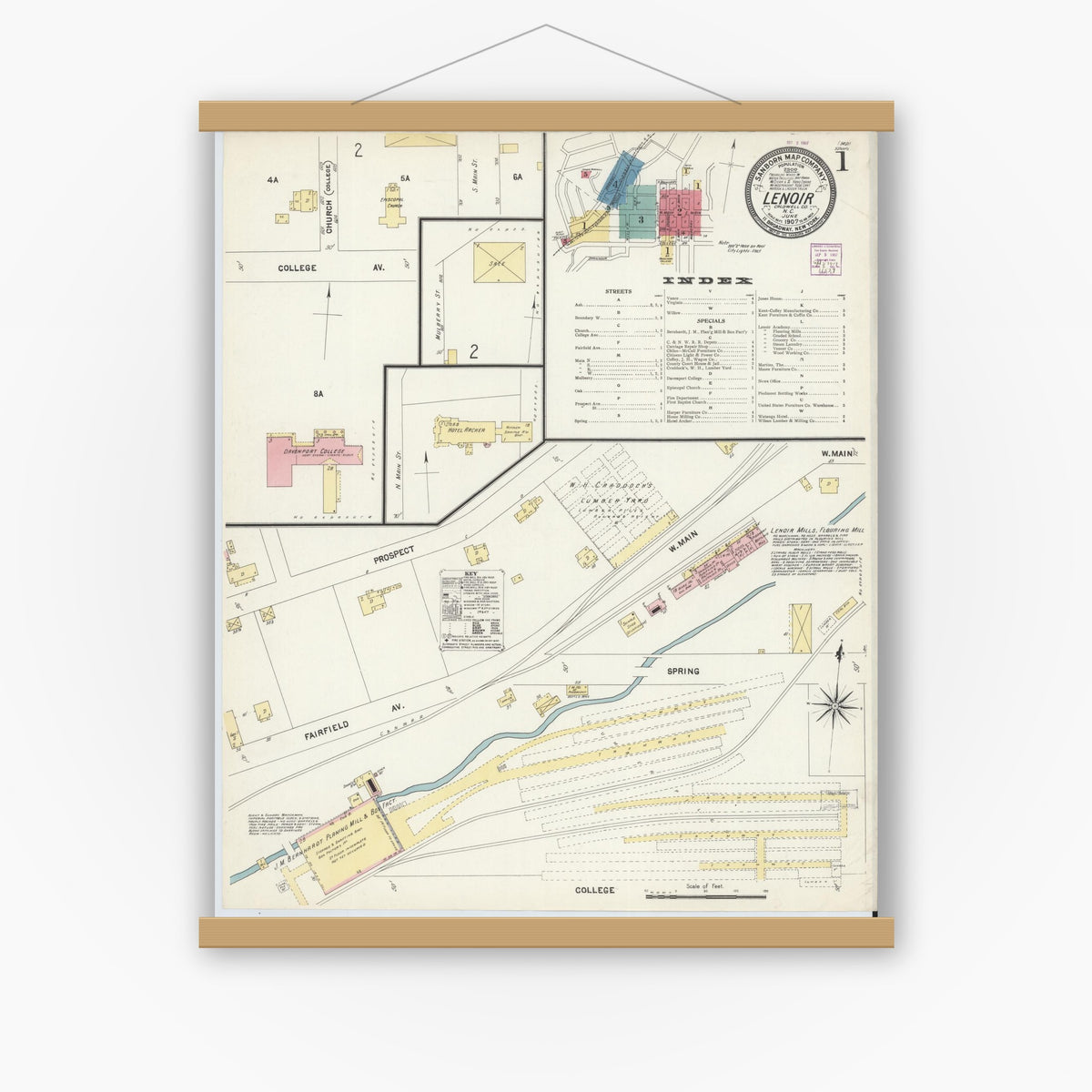 Old map wall art mockup — magnetic wood frame on white wall — Sanborn Fire Insurance Map from Lenoir, Caldwell County, North Carolina (1907) - Complete Map Set