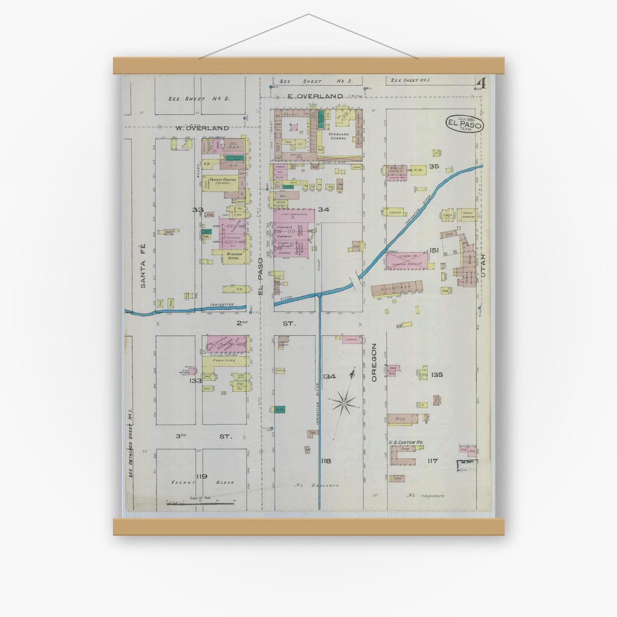 Old map wall art mockup — magnetic wood frame on white wall — Sanborn Fire Insurance Map from El Paso, El Paso County, Texas (1885), Sheet #0004
