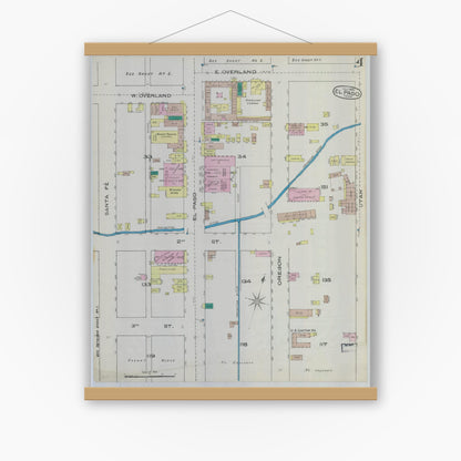 Old map wall art mockup — magnetic wood frame on white wall — Sanborn Fire Insurance Map from El Paso, El Paso County, Texas (1885), Sheet #0004