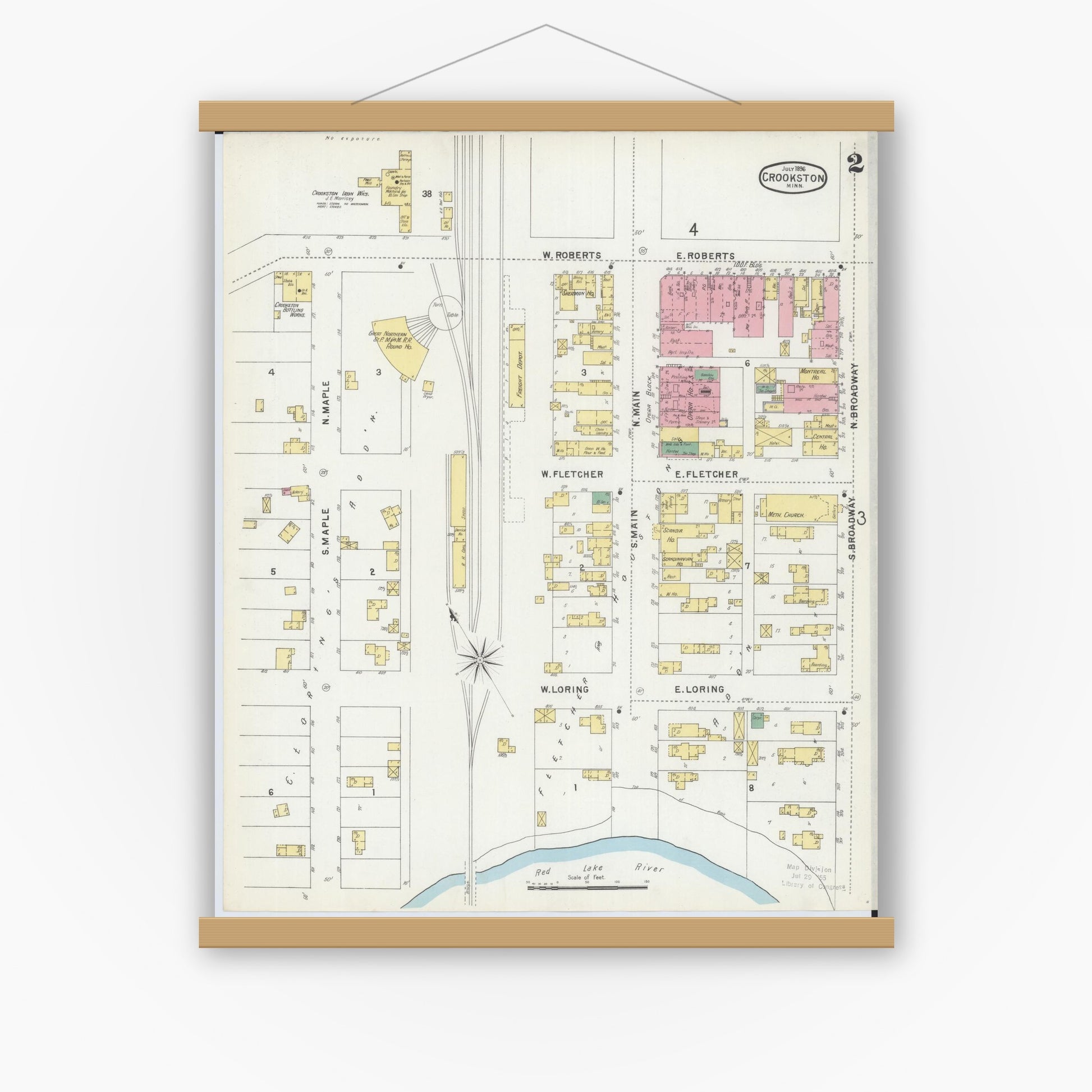 Old map wall art mockup — magnetic wood frame on white wall — Sanborn Fire Insurance Map from Crookston, Polk County, Minnesota (1896), Sheet #0002