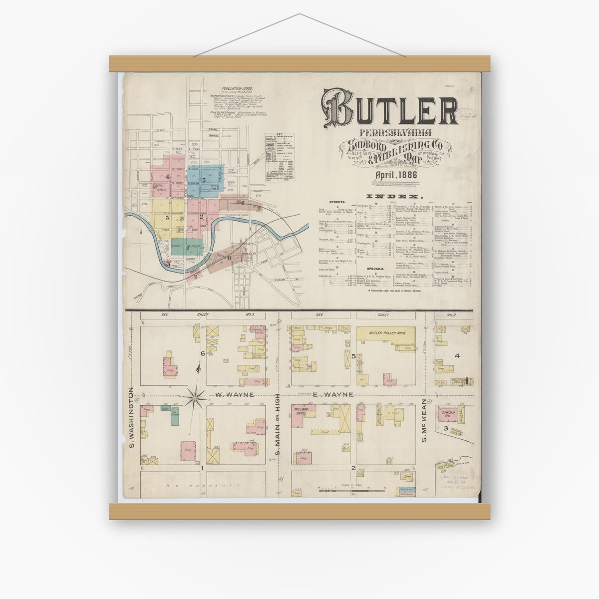 Old map wall art mockup — magnetic wood frame on white wall — Sanborn Fire Insurance Map from Butler, Butler County, Pennsylvania (1886) - Complete Map Set